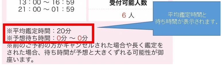 占い師さんの鑑定を予約する際、平均の鑑定時間と待ち時間が表示される。順番待ちが無い場合はすぐに鑑定となる。