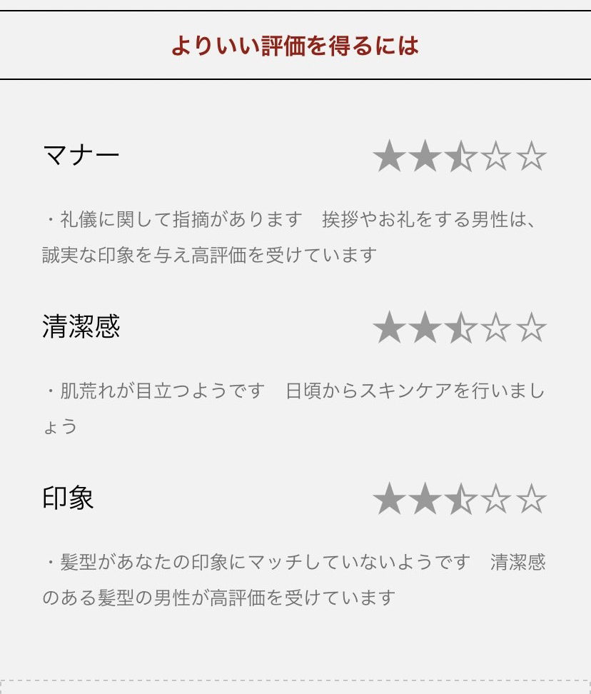 私の友人（男性）のバチェラーレポート②。礼儀、肌荒れ、髪型について指摘されている。