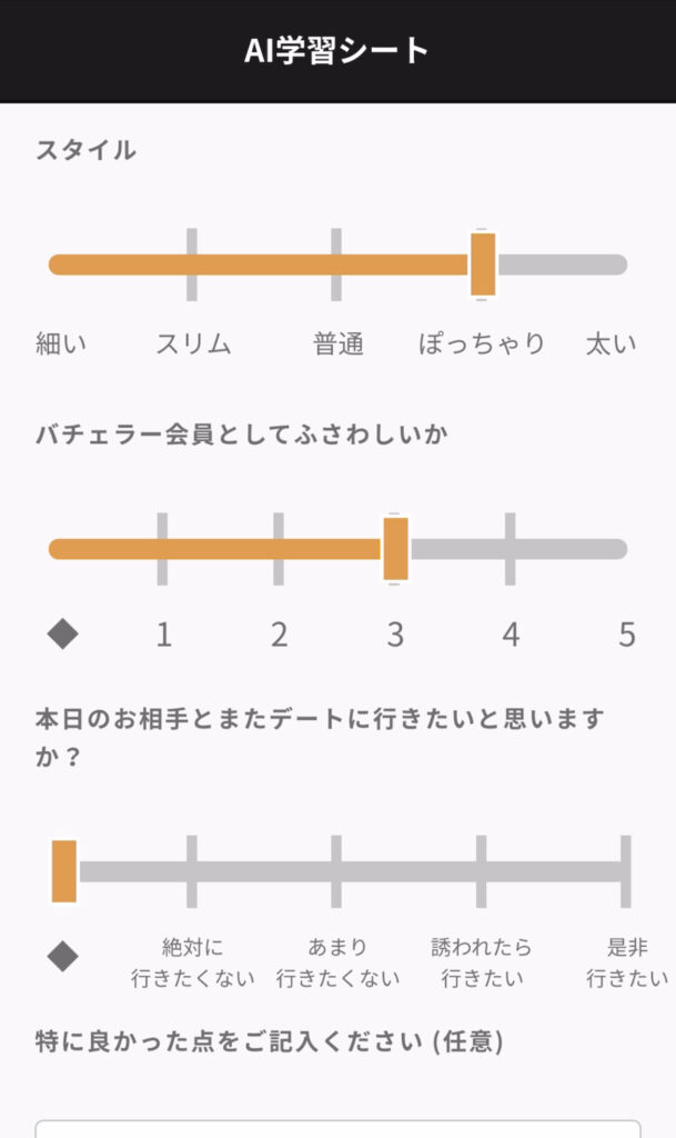 AI学習シート。スタイル、バチェラー会員としてふさわしいかの評価。