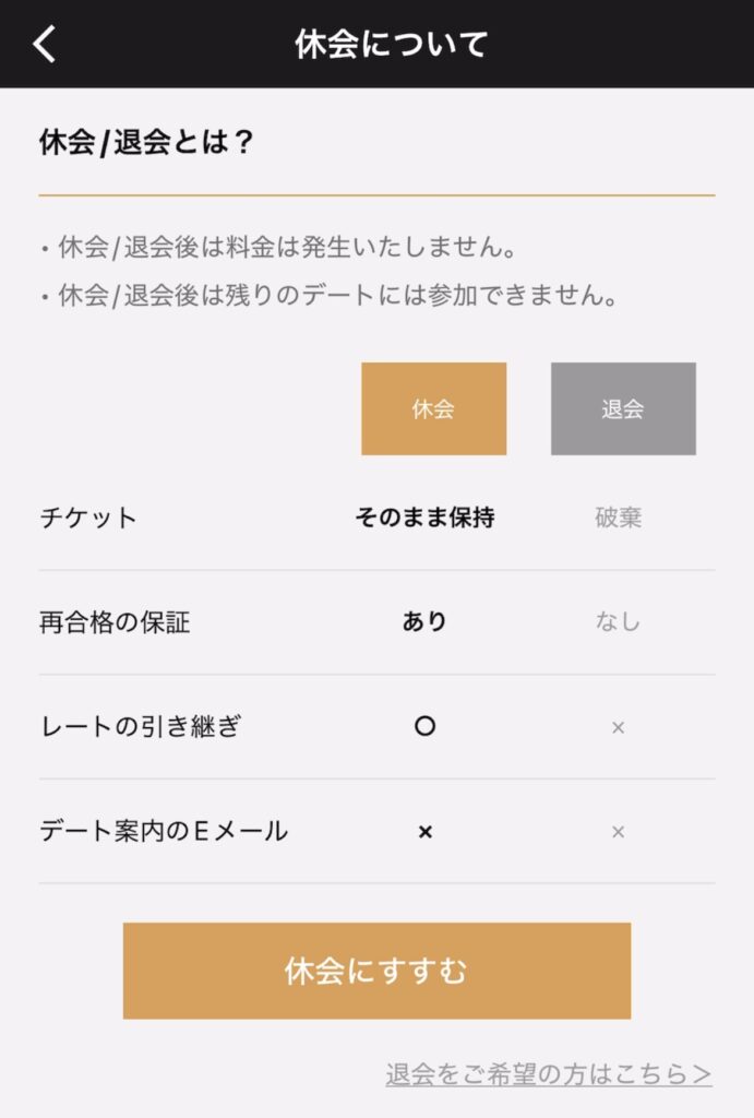 アプリ上の画面で、退会・休会する際の注意点が表示される。